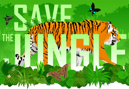 Vector seamless horizontal tropical rainforest Jungle background with tiger and butterfliesのイラスト素材