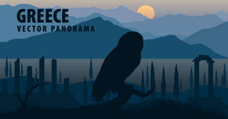 vector panorama of Greece with  little owl near ancient ruinsのイラスト素材