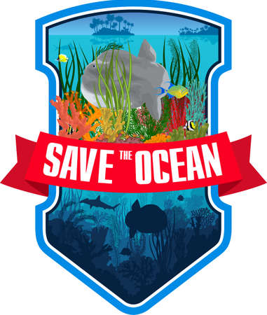 Vector emblem with ocean sunfish, coral reef and colorful tropical fishesのイラスト素材