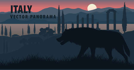 vector panorama of Italy with gray wolf near ancient ruins and seaのイラスト素材