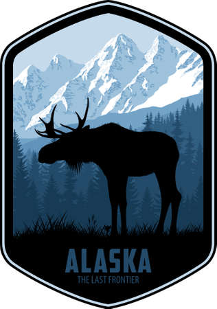Alaska vector label with moose bull and mountains woodland forestのイラスト素材