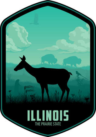 Illinois vector label with white-tailed deer, bisons, scissor-tailed Flycatcher, Prairie dog and eagle in grassland prarieのイラスト素材