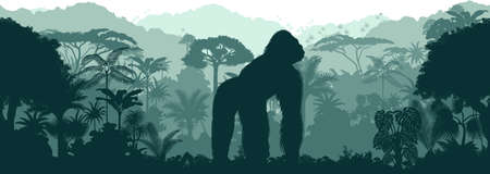 Vector horizontal seamless tropical rainforest Jungle background with male gorillaのイラスト素材