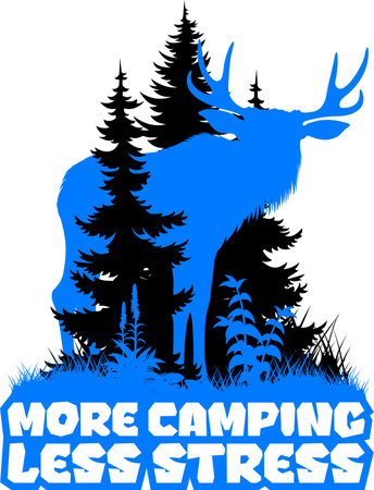 vector forest woodland sticker with moose. Sublimation sticker with the inscription "More camping - less stress"のイラスト素材