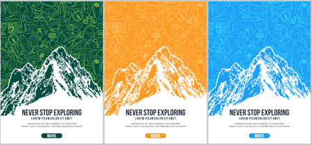 Mountaineering gear background.Travel equipment, accessories, clothes, etc. for trekking, hiking, camping, mountaineering, alpinism.のイラスト素材