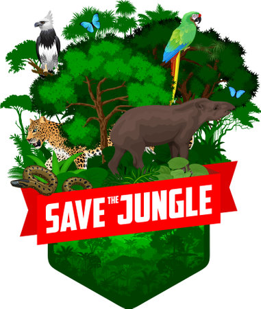 vector jungle rainforest emblem with tapir, jaguar, parrot green military macaw, anaconda and blue morpho butterflyのイラスト素材