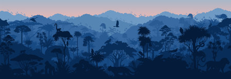 Vector African seamless tropical rainforest Jungle background with animalsのイラスト素材