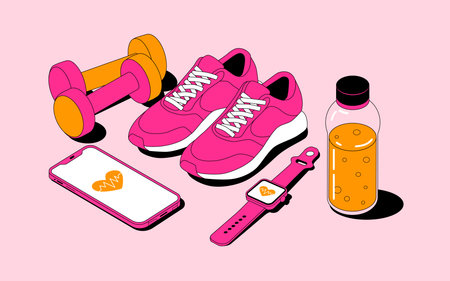 Fitness tracker, smart watch, sneakers, dumbbells and bottle of water. Vector illustration.のイラスト素材