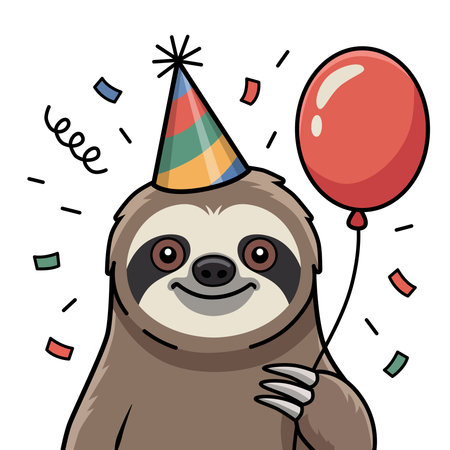 Cute cartoon sloth with birthday hat and balloons. Vector illustration.のイラスト素材