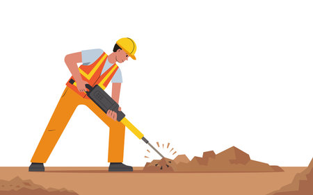 Construction worker digging ground with jackhammer. Flat design vector illustration.のイラスト素材