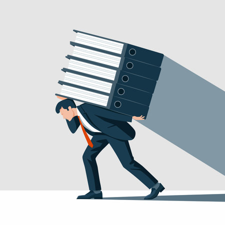 Businessman carrying big stack of folders. Vector illustration in flat styleのイラスト素材