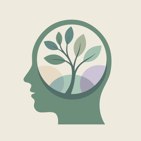 Illustration that symbolises mental growth, well-being, or holistic health. The profile silhouette of a human head facing left, coloured in a muted, mossy green.のイラスト素材