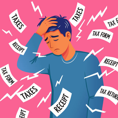A worried man clutches his head as tax forms and receipts swirl chaotically around him, symbolising financial stress and confusion.のイラスト素材
