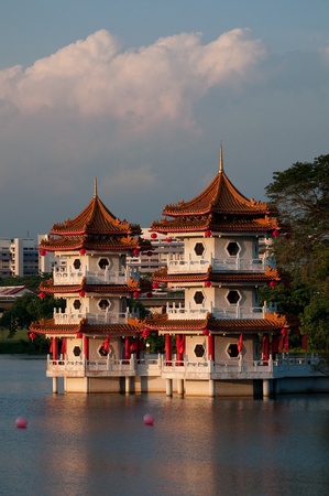 Pagodas on water, Chinese Garden, Singapore, August 2010の写真素材