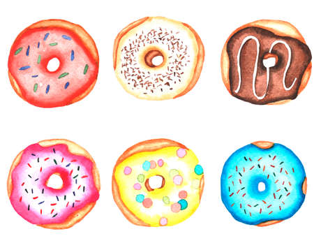 Painted in watercolors donuts with frosting on white background.の写真素材