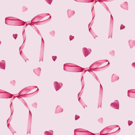 Seamless pattern with watercolor pink bows and hearts. Illustration for Valentines Day. For packaging, stationery, textilesの写真素材