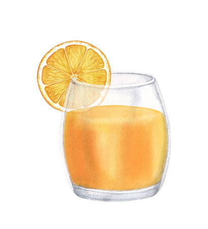 Fresh orange juice in the glass. Watercolor illustration isolated on white background. Summer drinkの写真素材