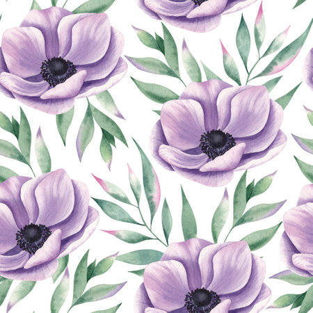 Floral seamless pattern with purple anemones and leaves. Watercolor hand drawn botanical illustration for wallpaper, textile, wrapping paper.の写真素材