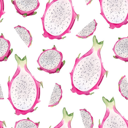 Seamless pattern with slice of dragon fruit. Round chopped slices. Watercolor hand drawn illustration for your wallpaper, texture, packaging productの写真素材