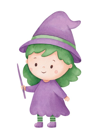 Hand-drawn watercolor little funny witch in a hat and wand. Halloween character in cartoon style. Illustration for posters, stickers and invitations.の写真素材
