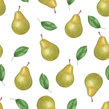 Watercolor seamless pattern with pear fruits and leaves on white background. For juice and jam...