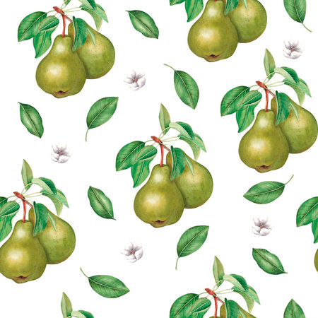 Seamless pattern with watercolor with pear fruits, blossoms, leaves. For juice and jam packaging,...
