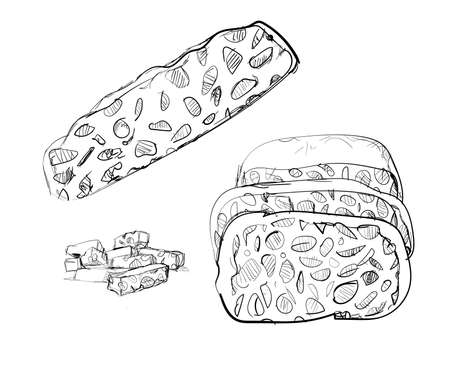 Tempeh original indonesian food fermented soy beans hand drawn sketches white isolation background vector design illustrationのイラスト素材