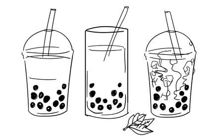 Bubble tea drink in plastic cup straw sketches hand drawing isolated white background with flat style vector design illustrationのイラスト素材