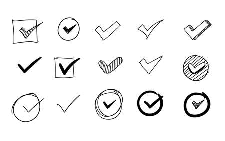Check mark collection set choice examination doodle hand drawn sketches white isolation background with flat style vector design illustrationのイラスト素材