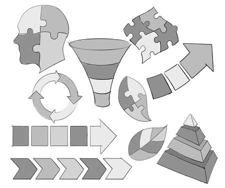 nfographic head funnel circle arrow process leaf pyramid puzzle grey set collection hand drawn sketches white isolated backgroundのイラスト素材