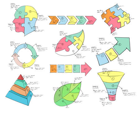 nfographic head funnel circle arrow process leaf pyramid puzzle color set collection hand drawn sketches white isolated backgroundのイラスト素材