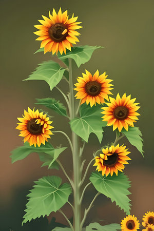 A drawing of a sunflower with the leaves of the leaves and the word sunflower on it.の素材