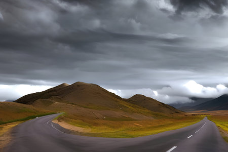 A road with a cloudy sky and a mountain in the backgroundの素材
