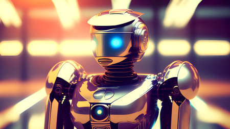 A robot with a blue face is standing in front of a stadium.の素材