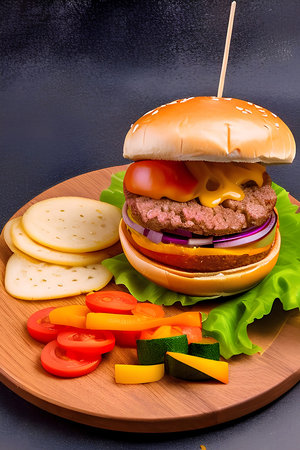 A plate of food with a hamburger and vegetables on itの素材