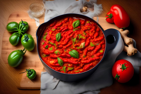 A pot of red sauce with a green pepper on the side.の素材