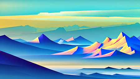 A colorful painting of mountains and the sky with the word " desert " on it.の素材