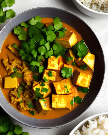A bowl of tofu curry with rice and parsley on the side.の素材