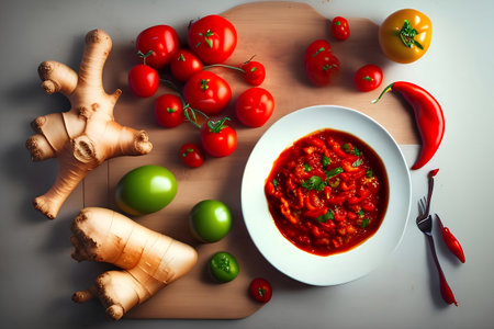 A bowl of tomato sauce sits on a cutting board next to some vegetables.の素材