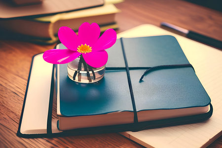A pink flower sits on a notebook on a desk.の素材