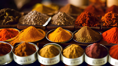 A display of spices including one that says turmericの素材