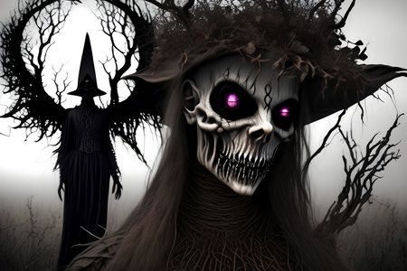 A witch with a purple eye and a black hat with a skull on it and a tree in the background.の素材