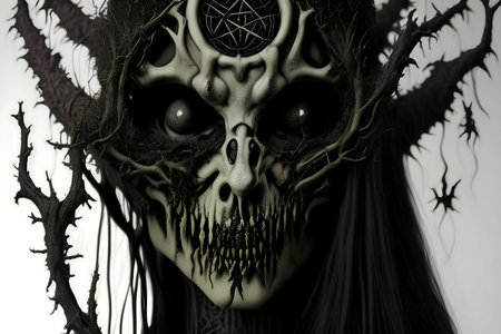 A woman with a skull face and a cross on her forehead.の素材