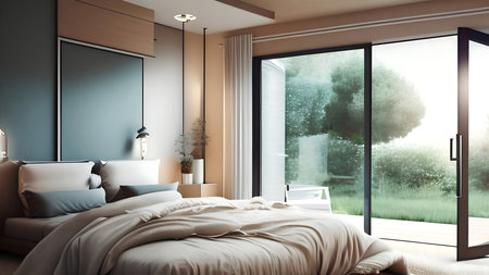 A bedroom with a large bed and a large window that says the word  on itの素材