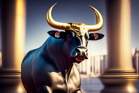 A bull statue in front of a cityscapeの素材
