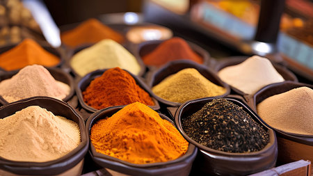 A variety of spices are displayed in small containers.の素材