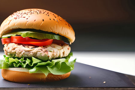 A burger with a tomato on itの素材