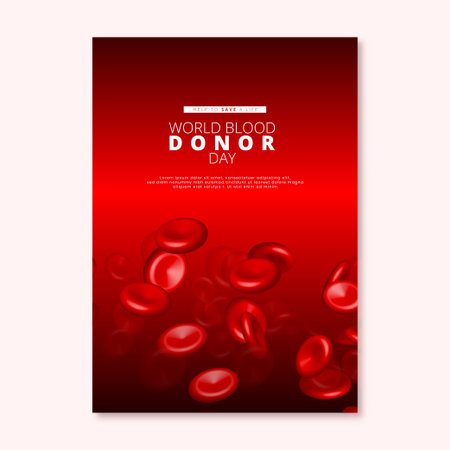 Vector file. world blood donor day poster or flyers, charity medical design with 3d red cells. Place for text. Blood Donation save lifeのイラスト素材