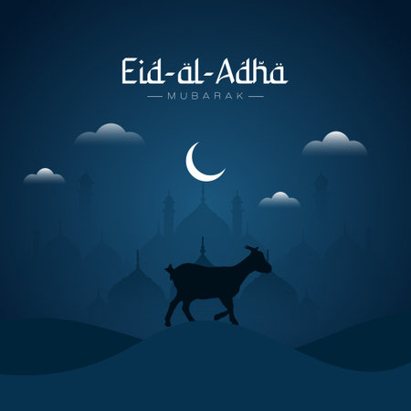 Eid al adha mubarak islamic festival social media post or banner template with cloud and mosque, goat silhouette Vector fileのイラスト素材