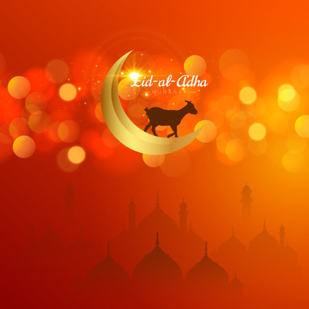 Vector eid al adha mubarak islamic festival greeting or wishing card social media post template with bokeh effect and mosque vector fileのイラスト素材